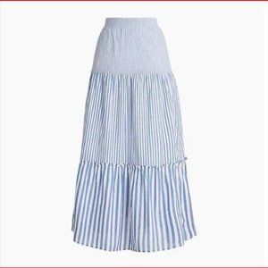 NWT J Crew Striped Tiered Ruffle Maxi Skirt Blue White Size L